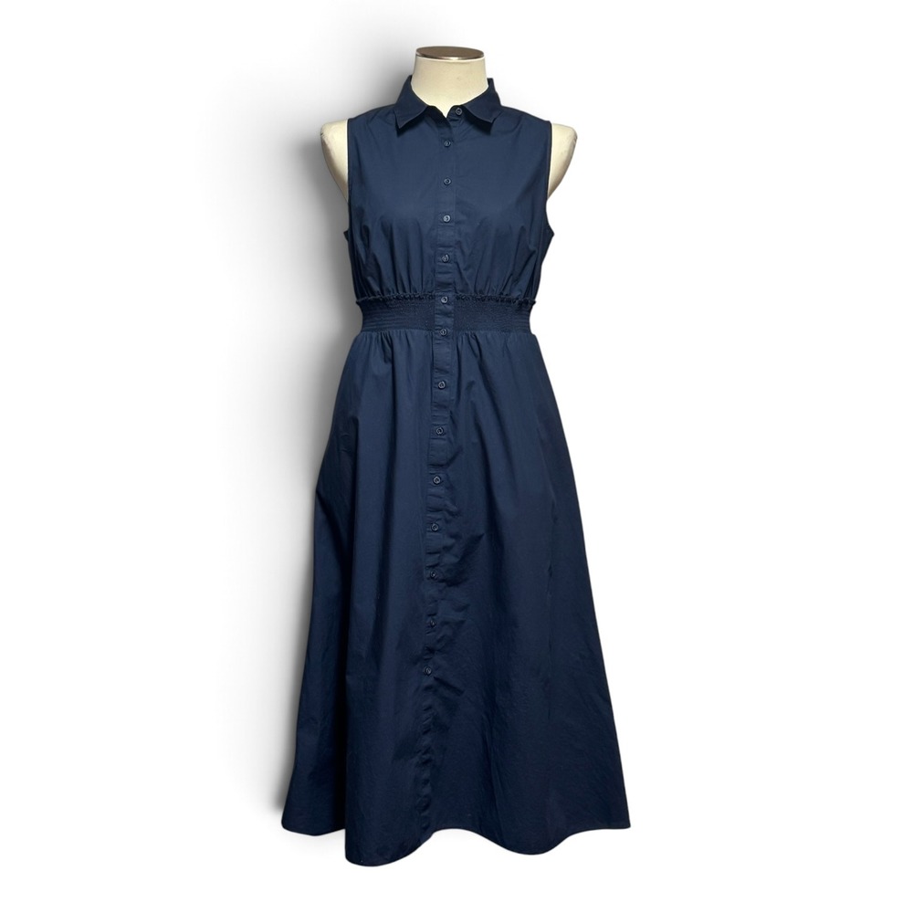 Talbots Modern Poplin Cotton Smocked Sleeveless Midi Dress Dark Navy Blue 6